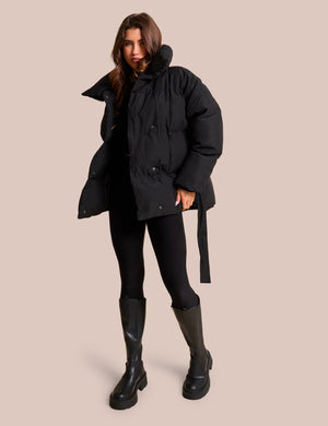 Tie Detail Short Padded Duvet Puffer Coat Black