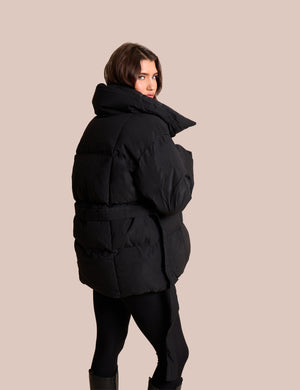 Tie Detail Short Padded Duvet Puffer Coat Black