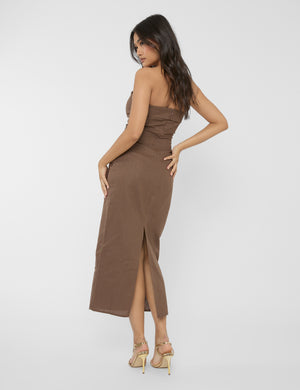 Linen Look Tailored Fold Over Bandeau Pocket Detail Midi Dress Chocolate