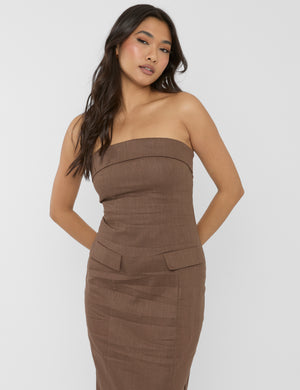Linen Look Tailored Fold Over Bandeau Pocket Detail Midi Dress Chocolate
