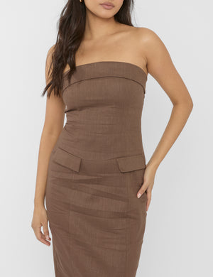 Linen Look Tailored Fold Over Bandeau Pocket Detail Midi Dress Chocolate