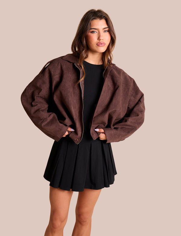 Oversized Faux Suede Bomber Jacket Chocolate