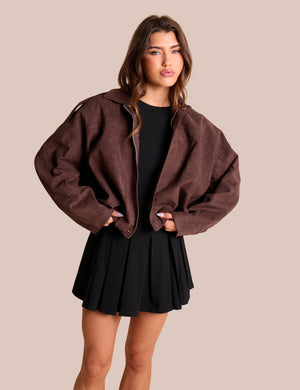 Oversized Faux Suede Bomber Jacket Chocolate