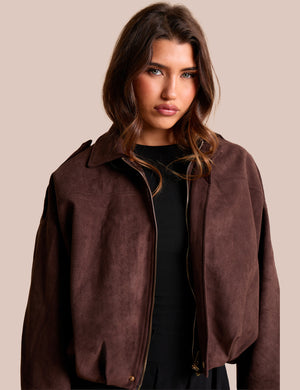 Oversized Faux Suede Bomber Jacket Chocolate