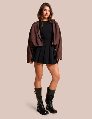 Oversized Faux Suede Bomber Jacket Chocolate