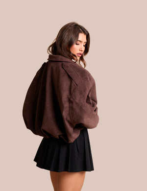 Oversized Faux Suede Bomber Jacket Chocolate