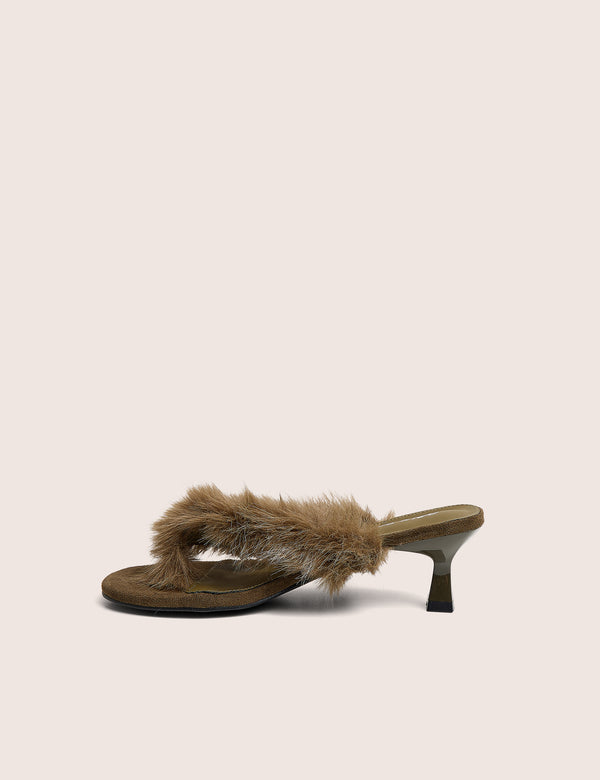 Camilla Oliver Fur Detail Kitten Heel Thong Sandals