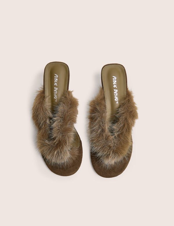 Camilla Oliver Fur Detail Kitten Heel Thong Sandals