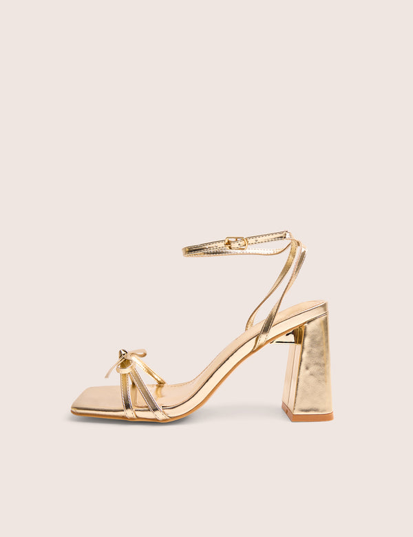 Camille Gold Square Toe Strappy Block Heels