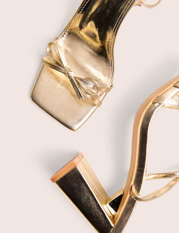 Camille Gold Square Toe Strappy Block Heels