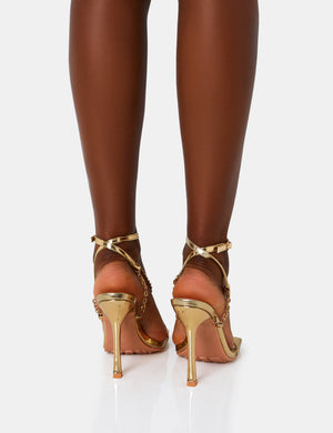 Catwalk Gold Pu Chain Strappy Square Toe Stiletto Heels