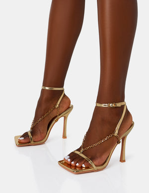 Catwalk Gold Pu Chain Strappy Square Toe Stiletto Heels