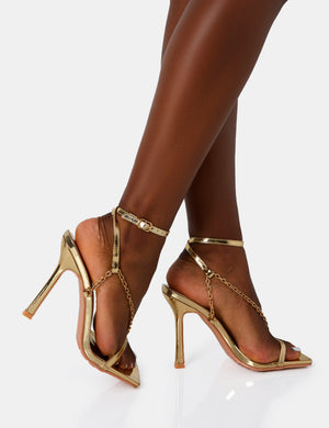 Catwalk Gold Pu Chain Strappy Square Toe Stiletto Heels