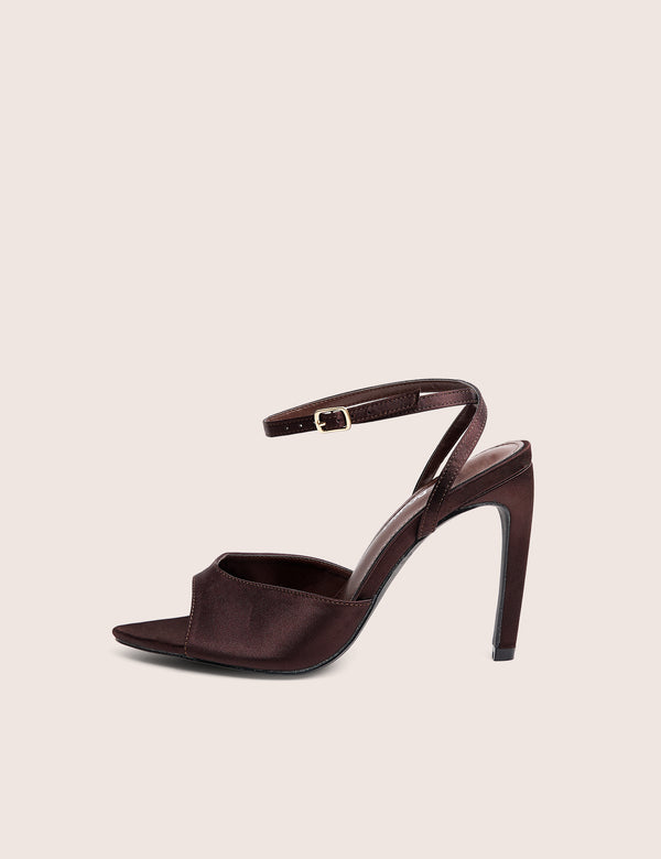 Caught On Chocolate Satin Peep Toe Curved High Heels
