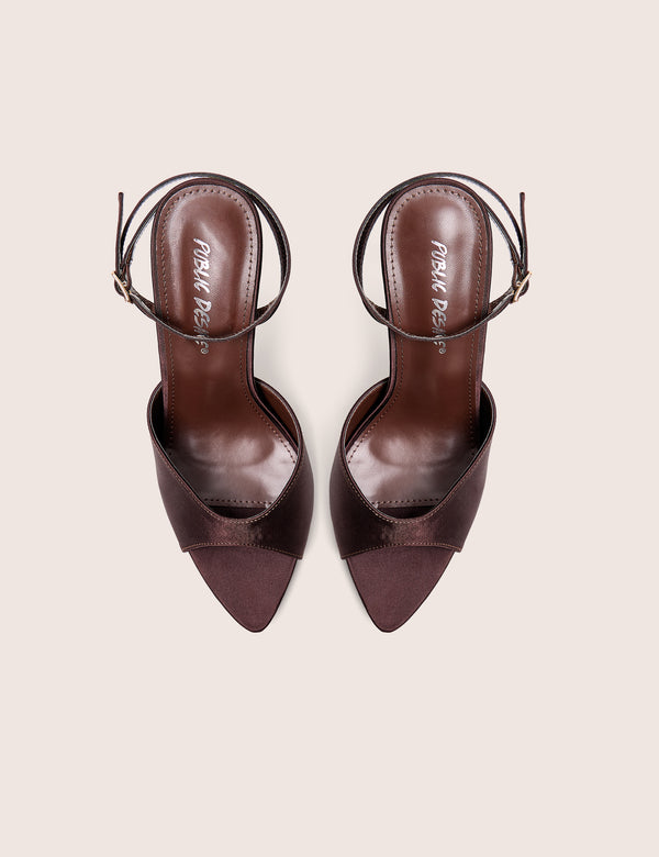Caught On Chocolate Satin Peep Toe Curved High Heels