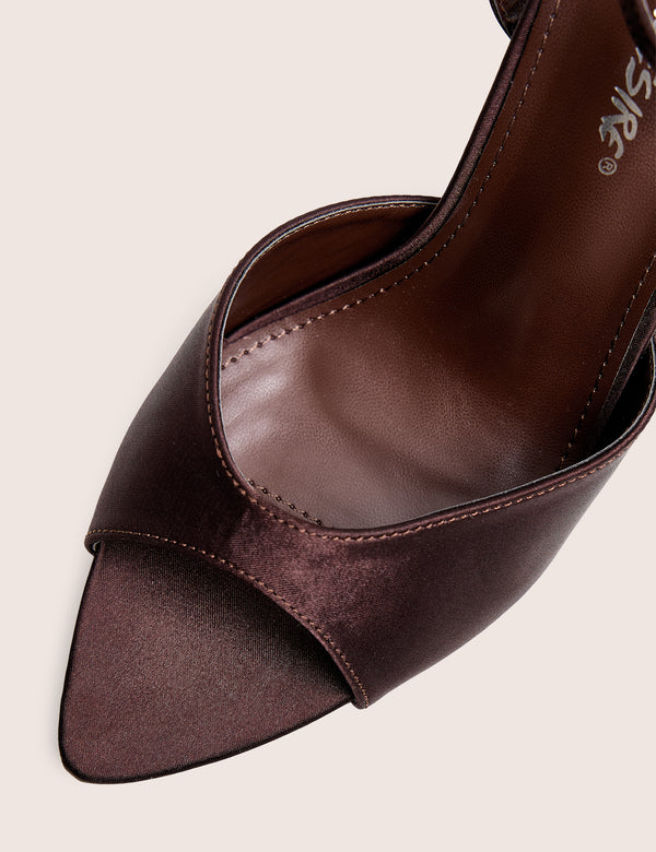 Caught On Chocolate Satin Peep Toe Curved High Heels