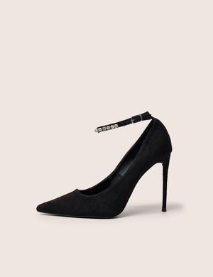 Chantilly Black Embellished Ankle Strap Court Heels