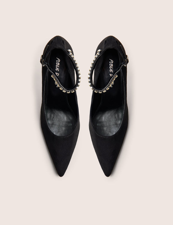 Chantilly Black Embellished Ankle Strap Court Heels