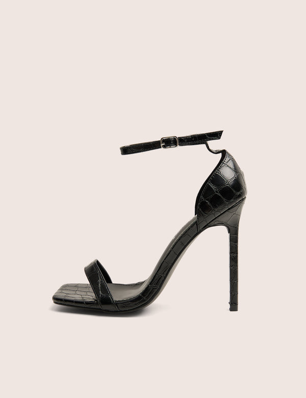Chaos Black Croc Square Toe Strappy Barely There Stiletto Heels