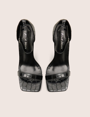 Chaos Black Croc Square Toe Strappy Barely There Stiletto Heels