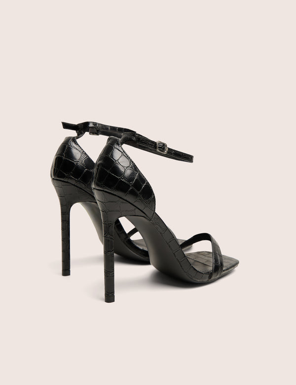Chaos Black Croc Square Toe Strappy Barely There Stiletto Heels
