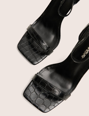 Chaos Black Croc Square Toe Strappy Barely There Stiletto Heels