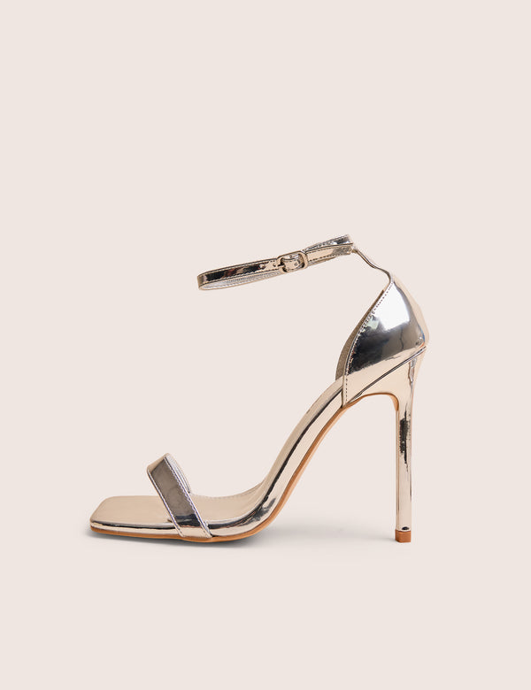 Chaos Silver Square Toe Strappy Barely There Stiletto Heel
