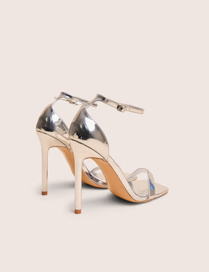 Chaos Silver Square Toe Strappy Barely There Stiletto Heel