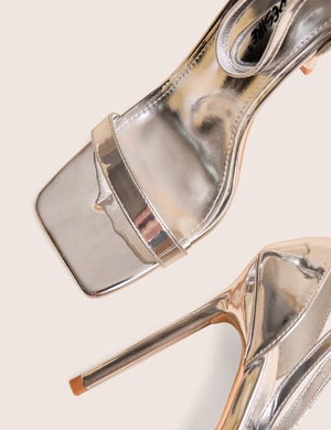Chaos Silver Square Toe Strappy Barely There Stiletto Heel