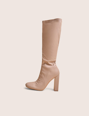 Christina Nude Pu Pointed Toe Block Heel Knee High Boots