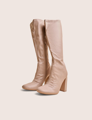 Christina Nude Pu Pointed Toe Block Heel Knee High Boots