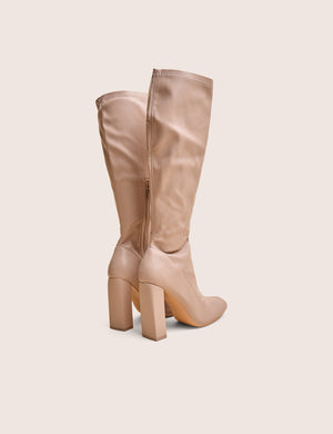 Christina Nude Pu Pointed Toe Block Heel Knee High Boots