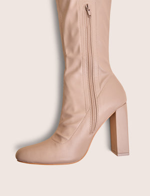 Christina Wide Fit Nude Pu Pointed Toe Block Heel Knee High Boots