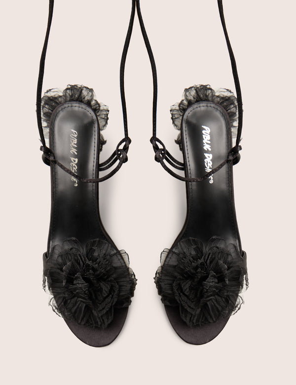 Classy Black Ruffle Flower Detail Mid Heels