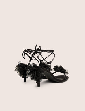 Classy Black Ruffle Flower Detail Mid Heels