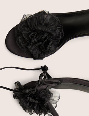 Classy Black Ruffle Flower Detail Mid Heels
