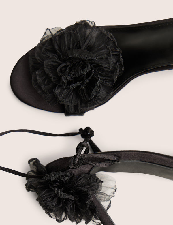Classy Black Ruffle Flower Detail Mid Heels