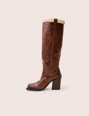 Colden Vintage Brown Fur Trim Block Heel Knee High Boots