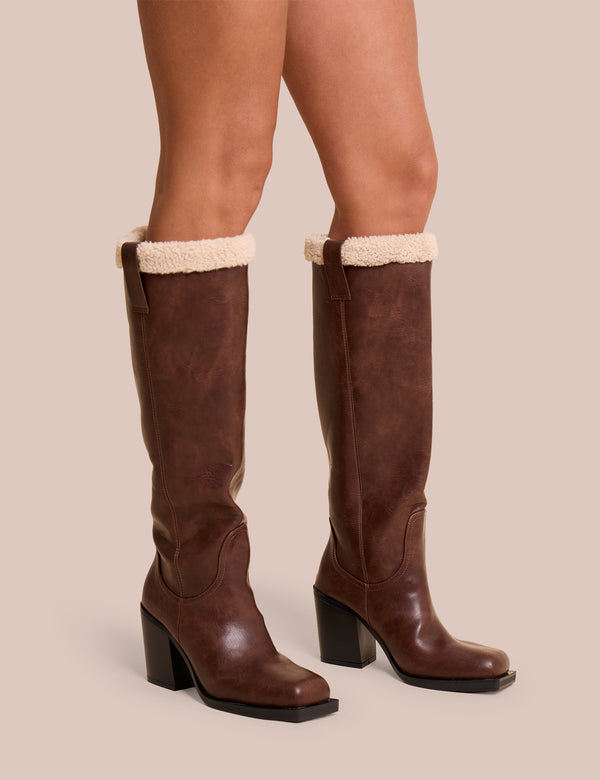 Colden Vintage Brown Fur Trim Block Heel Knee High Boots