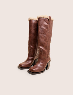 Colden Vintage Brown Fur Trim Block Heel Knee High Boots