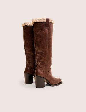 Colden Vintage Brown Fur Trim Block Heel Knee High Boots