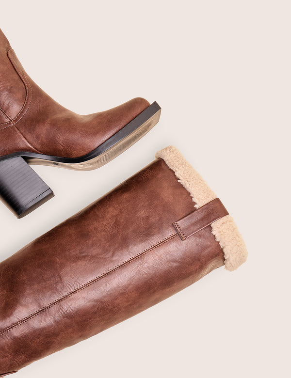 Colden Vintage Brown Fur Trim Block Heel Knee High Boots