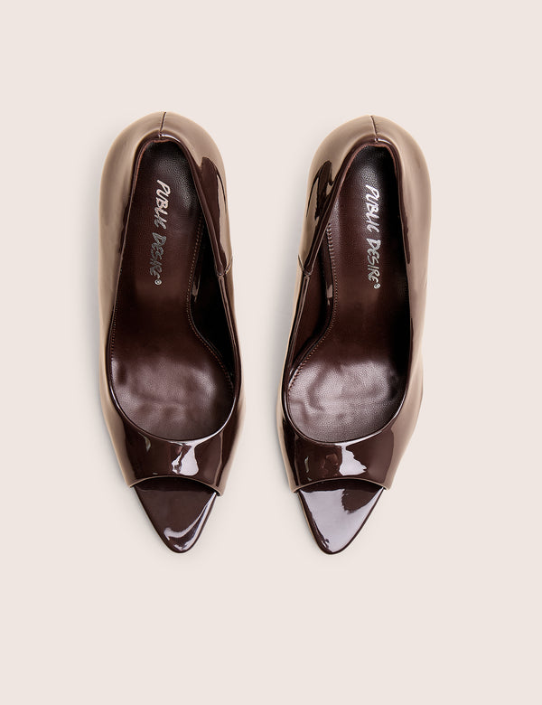 Complicated Brown Patent Peep Toe Court Shoes