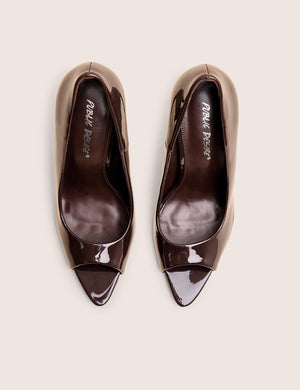 Complicated Brown Patent Peep Toe Court Shoes