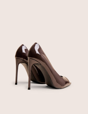 Complicated Brown Patent Peep Toe Court Shoes