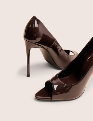 Complicated Brown Patent Peep Toe Court Shoes