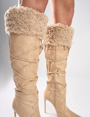 Crusader Cream Fur Trim Western Inspired Pointed Toe Boots Public Desire