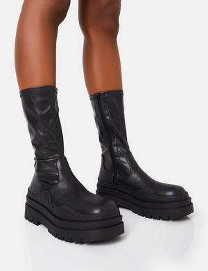 Cam Black Chunky Platform Round Toe PU Knee High Boots