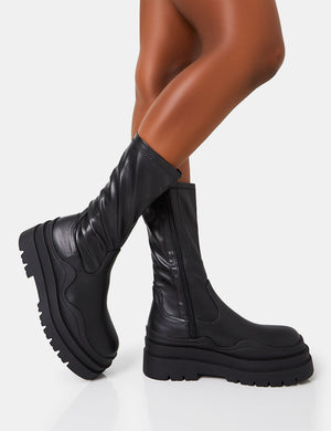 Cam Black Chunky Platform Round Toe PU High Boots