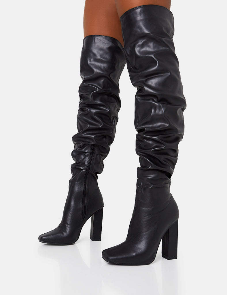 Cassia Black Square Toe Block Heel Over The Knee Boots | Public Desire
